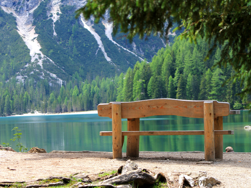 The back of a wooden bench overlooking a mountain, trees, and a deep blue lake, symbolizing a peaceful pause from life’s constant motion.